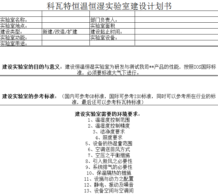 恒温恒湿实验室规划表格